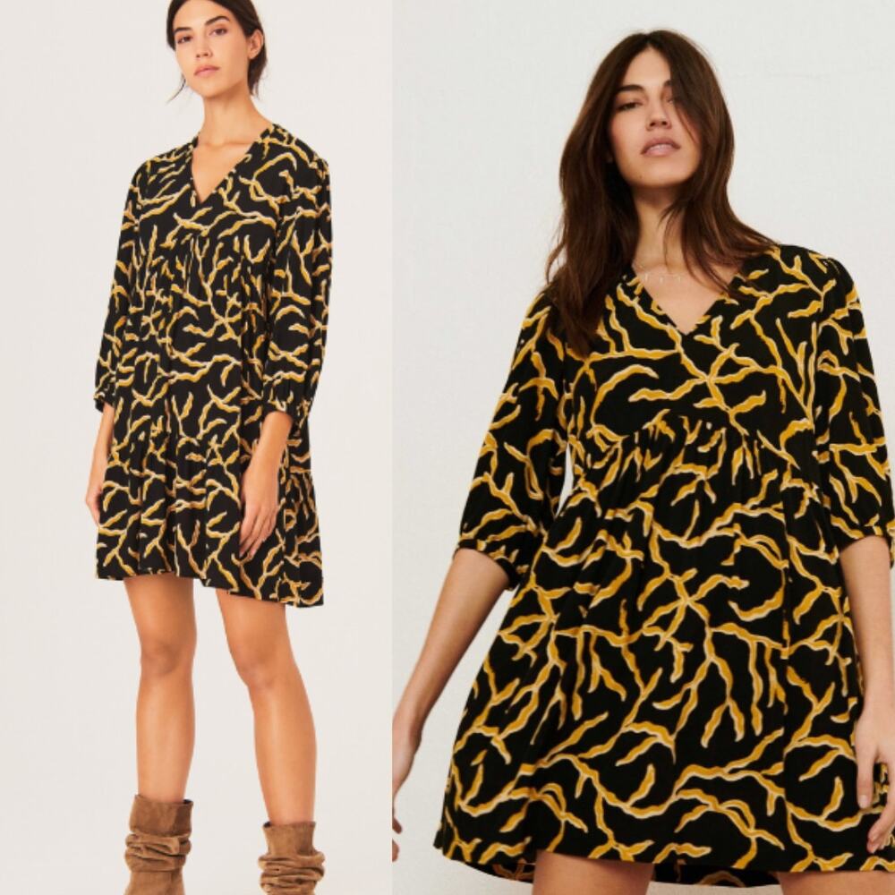 Bash Women's Constance Printed Mini Dress XS V-Neck 3/4 Sleeve Boho Chic